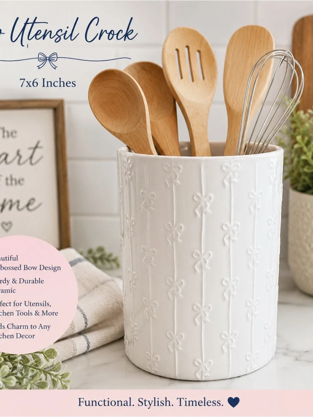 NEW White Ceramic Embossed Bow Utensil Crock Holder 7x6 Farmhouse Kitchen Decor